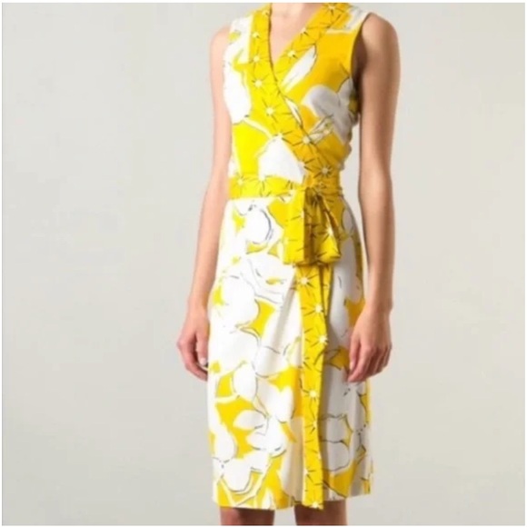 Diane Von Furstenberg Dresses & Skirts - Diane Von Furstenberg 100% Silk Yellow Floral Print Sleeveless Wrap Dress 12